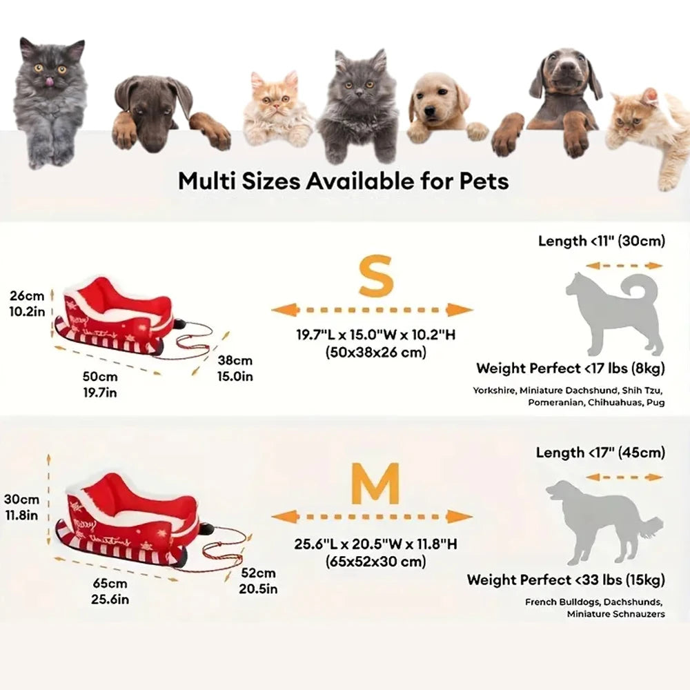Christmas Sleigh Bed  Removable Washable Plush Pet Warm Sofa with Non-Slip Base Christmas Cat Dog Nest for Winter Indoor Outdoor